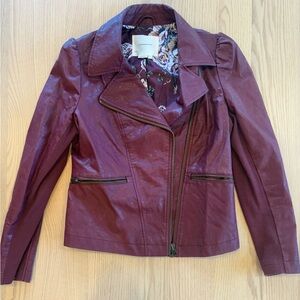 Anthropologie faux leather moto jacket with flower lining. Maroon color.